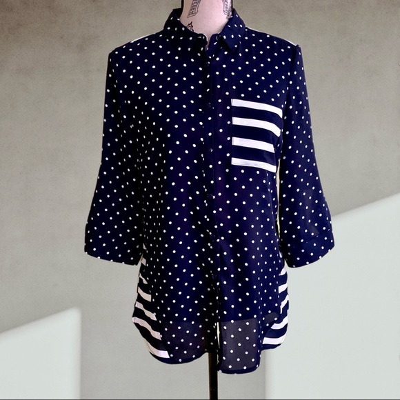 Navy blue polka dot & pinstripe blouse SMALL - Picture 5 of 10